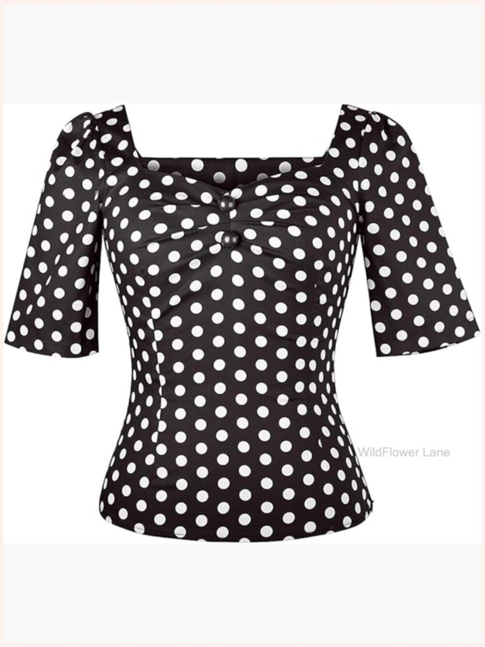 1950s Pinup Sweetheart V-Neck Blouse, Cotton Blend Half Sleeve
